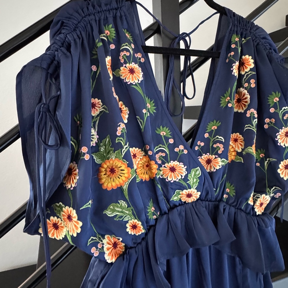 ASOS Design Embroidered Satin Midi Dress With Frill Waist In Navy